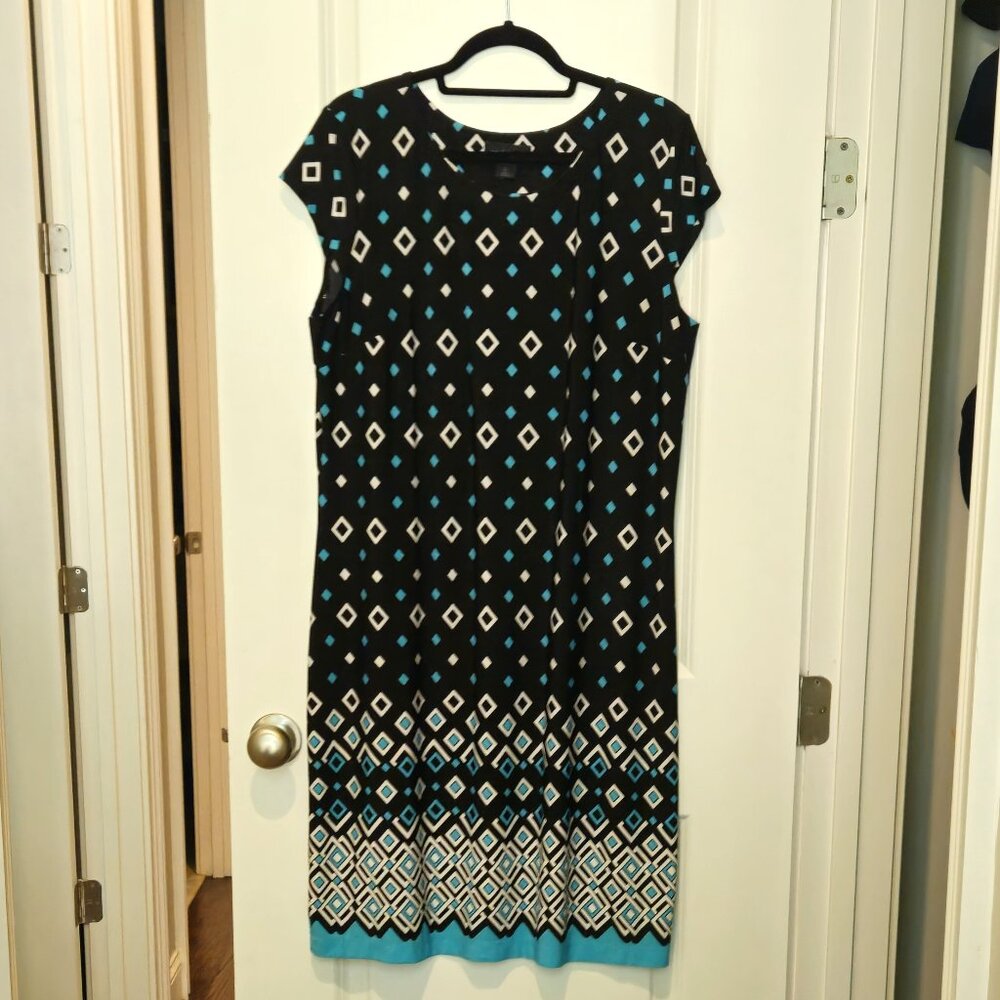 LIZ CLAIBORNE dress, black & turquoise print, XL, cap sleeve, so comfy!